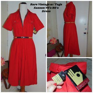 RARE Vintage NOS Sasson Hong Kong Red Cotton A-Line Belted Short Sleeved Dress
